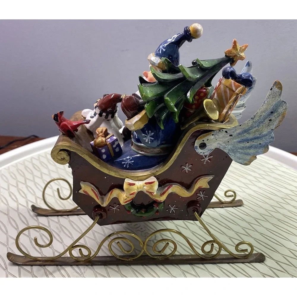 Santa's Red Sleigh Figurine‎ W/Wings-Dog/Cardinal/Presents/Christmas Tree EUC